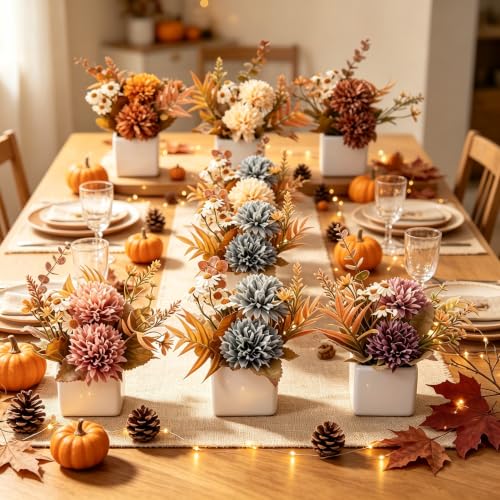 6PCS Artificial Fall Flowers with Ceramic Vases – Chrysanthemums & Daisies - color: Fall Multicolor