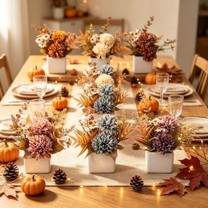 6PCS Artificial Fall Flowers with Ceramic Vases – Chrysanthemums & Daisies - color: Fall Multicolor