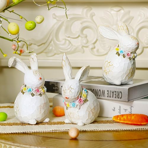 Lulu Home 3 Packs Easter Tabletop Ornaments, Resin White Bunnies
