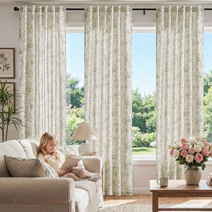 jinchan Custom Size Curtain Green Floral Linen Curtain Back Tab 1 Panel - color: Amlie Green, size: Custom