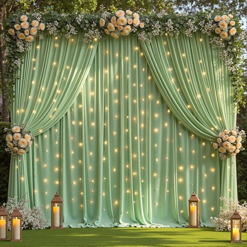 10 x 10 Sage Green Backdrop Curtain with Lights String for Party - color: Sage Green, size: W5' x H10'(2 panels)
