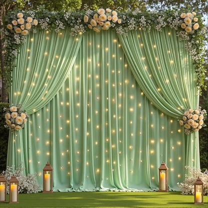 10 x 10 Sage Green Backdrop Curtain with Lights String for Party - color: Sage Green, size: W5' x H10'(2 panels)