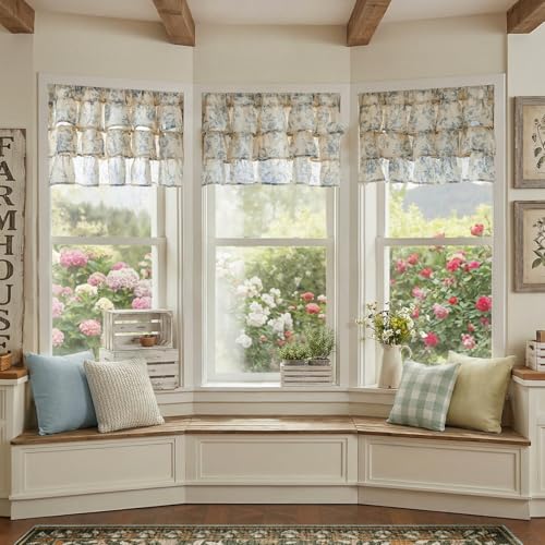 jinchan Amlie Ruffled Floral Valance Curtain 1 Panel 18 Inch Blue on Linen - color: Amlie Blue on Linen