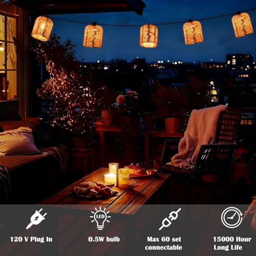 Natural Rattan String Lights, 10 Rustic Raffia Cage, 13 Ft Plug in & Connectable Wicker Lights,Natural Color Rattan - color: Natural Rattam