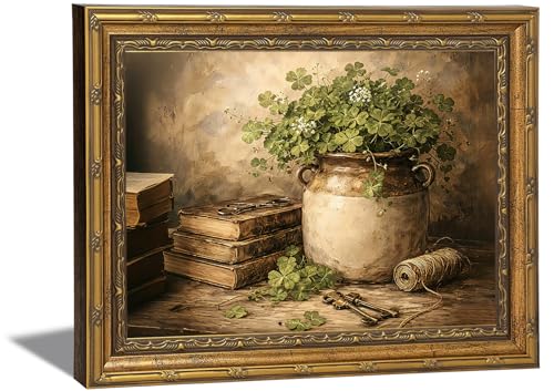 Vintage Gold Framed Wall Art Moody Dark Academia Clover Still Life - Canvas Painting Antique Books Skeleton Keys Picture Wall Decor, Study Room Home Office Gift, 9x11in - color: Clover, size: 11"L x 9"W