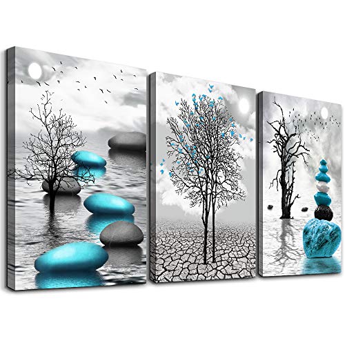 Canvas Wall Art for Living Room Wall Decor for Bedroom Bathroom Black and White Paintings Modern 3 Piece Framed Canvas Art Prints Ready to Hang Inspirational Abstract Blue Pictures Home Decorations - color: Blue Stone Pictures, size: 20x28inches*3pcs