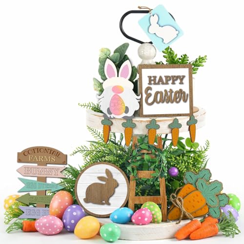 Patelai 12 Pcs Easter Tiered Tray Decor Farmhouse Easter Wood Table Decor Rustic Bunny Rabbits Carrot Gnome Egg Sign Decorative Spring Table Centerpieces for Home Indoor Kitchen - style: Easter