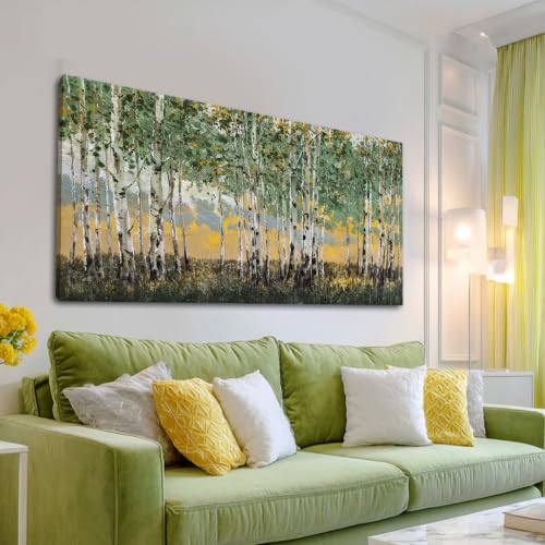 Birch Tree Forest Wall Art Green Yellow Wall Decor Living Room 24x48Inch - color: Green and Yellow, size: 48"L x 24"W