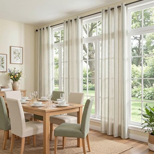MYSKY HOME Green Striped Linen Curtains for Living Room 84 Inches 2 Panels - color: Green, size: 52"W x 84"L (Pack of 2)