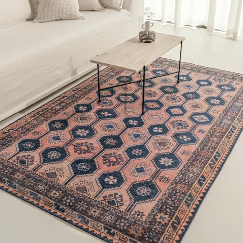 Indiclay 5’ x 8' Faded Clay & Pink Area Rug, Persian-inspired design - size: 5' x 8' (Rectangular)