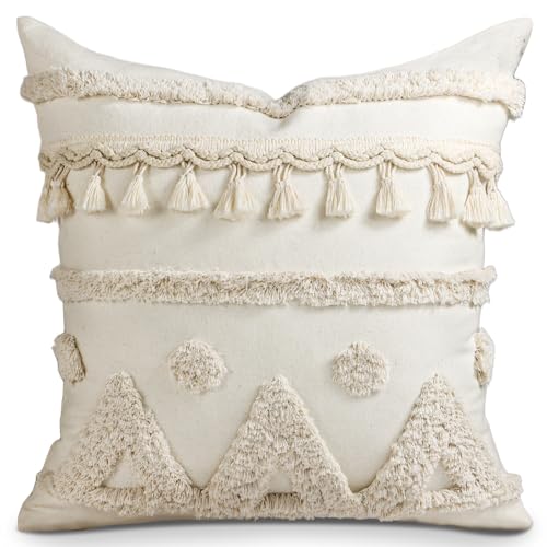 Throw Pillow Covers 18x18 - Tufted Boho Decorative Pillow Cover with Zipper for Couch Sofa Bed Living Room Aesthetic Soft Farmhouse Textured Striped Indoor Pillowcase, Cream Tassel - color: Cream Tassel, size: 18" x 18" (Pack of 1)