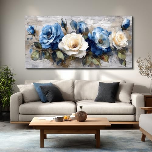 Canvas Wall Art for Bedroom Large Wall Decor for Living Room Textured Flowers Paintings Blue Rose Pictures Canvas Print Artwork Modern Office Vintage Home Room Decoration Mural 29" X 58" - color: Floral Wall Art, size: 58"L x 29"W