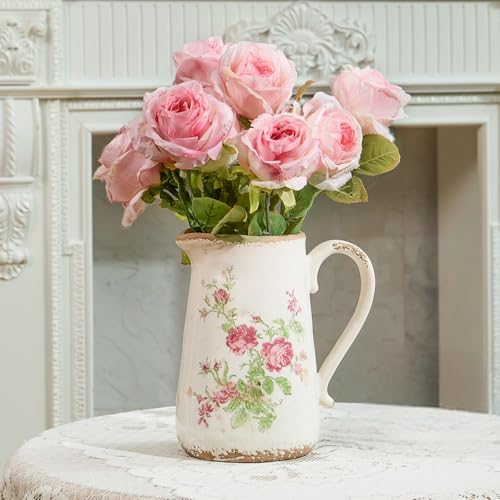 Retro Rustic Large Ceramic Vase with Handle, Distressed Farmhouse Pitcher for Home, Ideal Shelf Decor, Red Rose Floral Vase for Living Room Bedroom Office Table Centerpiece Decorations 9 Inch - color: Pink Flora, size: Large Pitcher