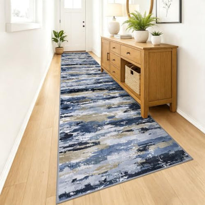 Abstract Washable Runners for Hallway 3x16 Runner Rug Non Slip - color: Navy / Blue / Taupe, size: 3' x 16' (Runner)
