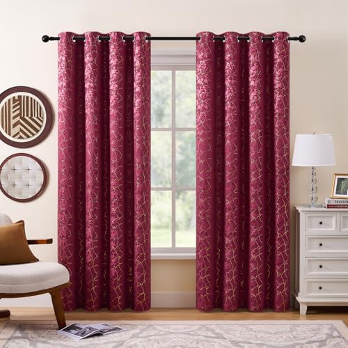 Burgundy Geometric Curtains 72 Inches Long 2 Panels Golden Foil Wine Curtains Room Darkening Drapes Grommet Sparkle Metallic Marble Textured Jacquard Window Treatment for Bedroom Office, 52x72 - color: Burgundy, size: 52"W x 72"L (Pack of 2)