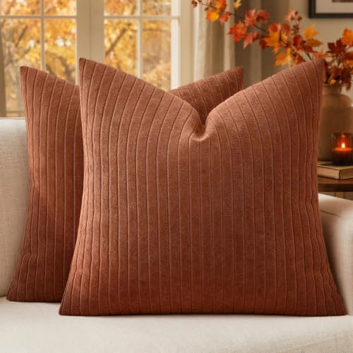 MIULEE Set of 2 Rust Textured Striped Throw Pillow Covers 18x18 Inch - color: Rust, size: 18" x 18" (Pack of 2)