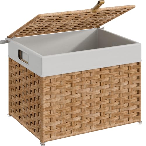 HOOBRO Storage Basket with Lid, 9.5 Gallon (35L) Wicker Basket, Handwoven Blanket Storage Basket with Handles, Metal Frame and Soft Lining, Foldable for Bedroom, Laundry Room, Natural NL334CW01 - color: Natural, size: 15.7"L x 11.4"W x 12.2"H