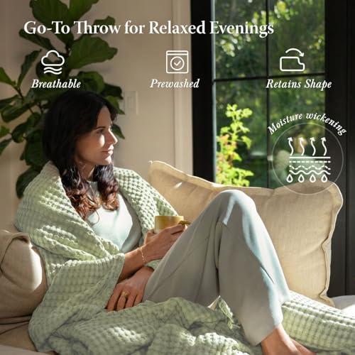 Threadmill Queen Waffle Bed Blanket, Rayon Derived from Bamboo, Sage Green - color: Sage Green, size: Queen (90" x 92")
