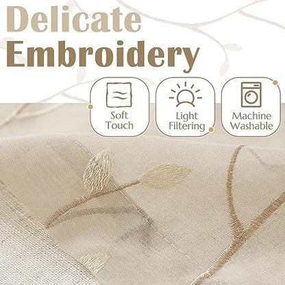 jinchan Linen Kitchen Valance Sheer Leaf Embroidered 18 Inch 1 Panel Beige - color: Leaf | Beige