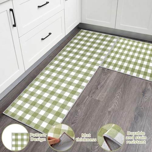 Dunzy 2 Pcs Sage Green Kitchen Mat Farmhouse Plaid Runner Non-Slip Washable - color: Sage Green