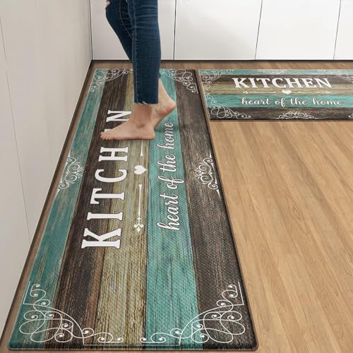 Arttown Anti-Fatigue Kitchen Rug Set of 2, Waterproof Non-Slip, Wood - color: Green Brown, size: 17.3 x 47 inch + 17.3 x 29 in
