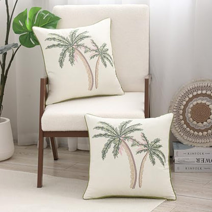 Embroidered Throw Pillow Covers 18x18 Pack of 2 Green and Pink - color: Green Pink Coconut Trees