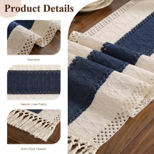 Boho Macrame Table Runner with Tassels 72in Blue Farmhouse Runner - color: White & Blue, size: 12'' x 72''
