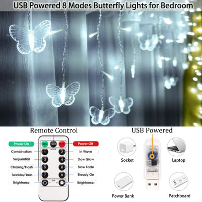 Butterfly Curtain Fairy Lights USB Plug in,120 LED 8 Modes 20FT Firefly Twinkle Icicle String Lights with Remote Timer Waterproof Copper Wire for Bedroom Patio Christmas Wedding Party Dorm(Cool White) - color: Cool White