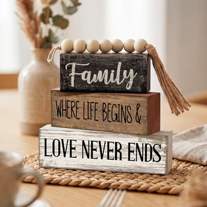 Yuntau 4 Pcs Farmhouse Tabletop Decor Wood Stacked Sign Blocks Family - style: Famliy