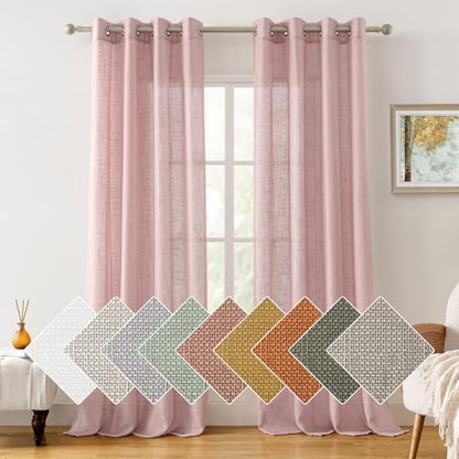 HOMEIDEAS Pink Linen Textured Sheer Curtains, 52 X 96 Inch, 2 Panels - color: Pink, size: 52"W x 96"L (Pack of 2)