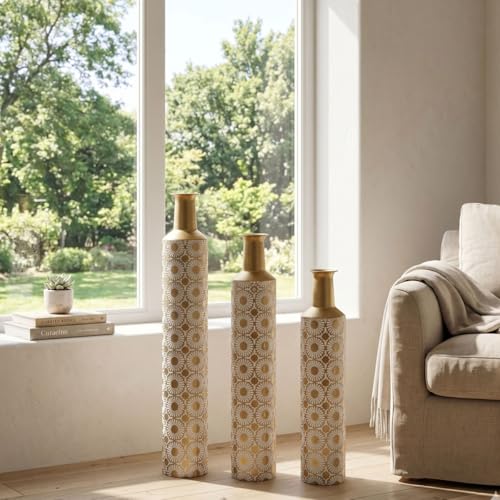 Metal Floor Vases with Embossed Leaf Pattern Set of 3, Tall Gold Decorative Vases for Living Room & Entryway, Large Modern Farmhouse Home Decor for Gold Geometric Floral