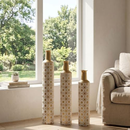 Metal Floor Vases with Embossed Leaf Pattern Set of 3, Tall Gold Decorative Vases for Living Room & Entryway, Large Modern Farmhouse Home Decor for Gold Geometric Floral