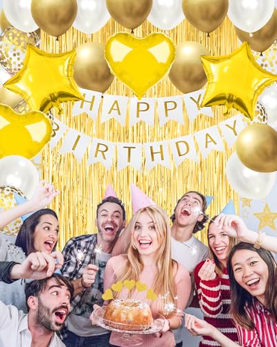 Golden Happy Birthday Party Decorations with Banner Balloons for Men Boys - color: White Gold