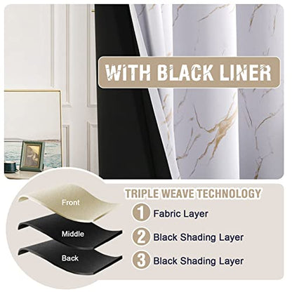 H.VERSAILTEX 100% Blackout Curtains 84 inch Length 2 Panels Set Marble Designs Printed Drapes Thermal Curtains for Bedroom with Black Liner Sound Proof Curtains, Gold - color: Marble- Gold, size: 52"W x 84"L (Pack of 2)