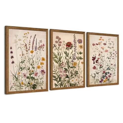 WRFON Botanical and Flower Canvas Wall Art, Framed Wildflower Wall Art Set of 3, Vintage Meadow Flower Canvas Prints, Cottagecore Floral Decor for Living Room Bedroom Bathroom Farmhouse Home, 12x16 - color: Vintage Wildflower(Framed), size: 16"L x 12"W