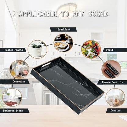 Serving Tray with Handles, Large Black Marble Plastic Tray, 15.7 x 11.8 x 1.6 Inch Rectangular Decor Coffee Table Tray with Storage for Bedroom, Living Room, Dining Room, Party & Patio Pool