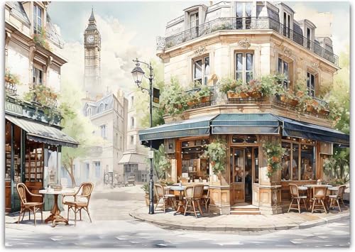 Modern Framed Street View Wall Art European Coffee Shop Canvas Print, Contemporary City Scene Painting, Vintage Cafe Artwork for Kitchen Dining Room Living Room, Bedroom Home Decor, Multi Size - color: Green 02, size: 24"L x 16"W