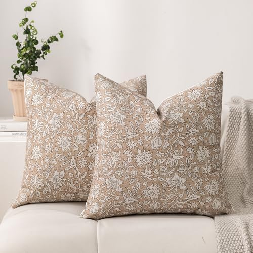 DWR Floral Throw Pillow Covers 20x20 Set of 2, Block Print Decorative Pillow Covers in Soft Taupe, Neutral Faux Linen Cotton Blend, Vintage Look for Couch, Sofa, Bed, Living Room - color: Soft Taupe, size: 20" x 20" (Pack of 2)