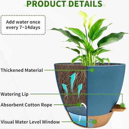 12/10/9/8 inch Self Watering Pots with Visual Water Window, Extra Large Self Watering Plant Pot with Drainage Holes and Saucers, Blue Flower Pots for Indoor Plants - color: Blue