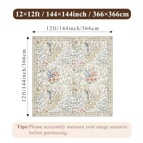 12x12 Square Area Rug Living Room: Boho Floral Washable Mat for Dining Room Bedroom Office High Traffic Area Soft Non Slip Low Pile Indoor Carpet for Vintage Farmhouse Home Decor (12ft Square, Beige) - color: Beige, size: 12x12