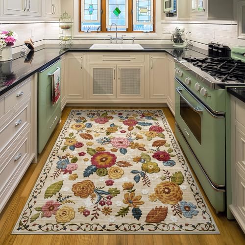Washable 4x6 Area Rug, Beige Boho Floral Non-Slip for Kitchen, Entryway - color: Beige, Cream, Mustard, Brick Red and Blue, size: 4' x 6' (Rectangular)
