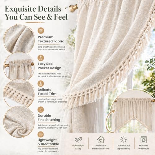 Beda Home Tassel Linen Textured Swag Curtain Valance, Nature, 36 x 36 in - color: Nature, size: 36"W x 36"L (Pack of 2)