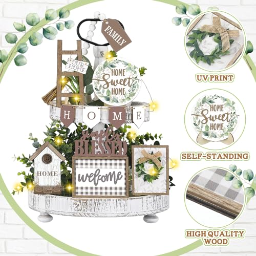 FairySandy 11 Pcs Home Tiered Tray Decor Greenery Rustic Wooden Signs - style: Greenery