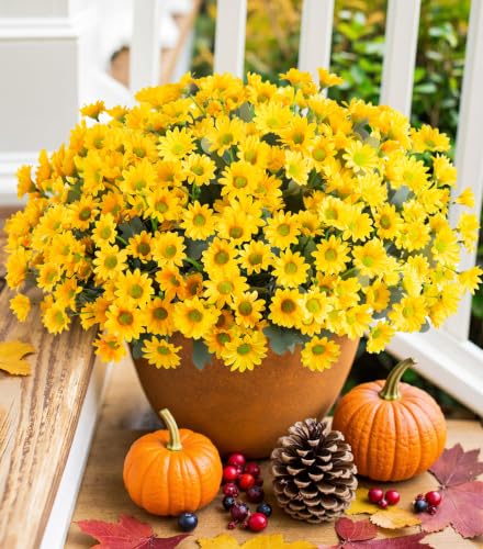 Daisy Artificial Flowers for Outdoors Fall Autumn Decoration, 6 Bundles Fake Mums Yellow Silk Flowers for Outside Look Real UV Resistant Faux Flowers Plants for Planter Front Door Home Indoor Porch - color: Yellow