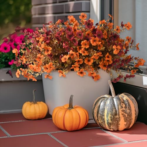 Artificial Fall Hanging Flowers Basket, UV Resistant Mums for Outdoors - color: A Orange Brown