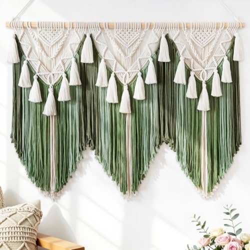 Large Macrame Wall Hanging Boho Woven Tapestry Green Home Decor Wall Art | KHOYIME Bohemian Farmhouse Handmade Tassel Chic Modern Decoration for Bedroom Living Room Nursery Wedding Backdrop 42"W X33"L - color: Green