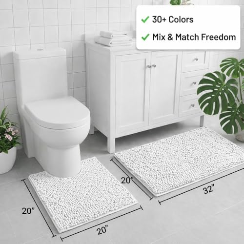 Bathroom Rugs Sets 2 Piece,Super Absorbent Chenille Bath Mats and U-Shaped Toilet Rug,Strong PVC Non Slip Backing,Microfiber Washable Dry Quickly Bath Mats for Bathroom(20"x32"+20"x20"U,White) - color: White