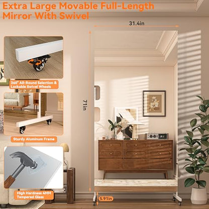 Hasipu 71" x 32" Large Full Length Rolling Mirror with Wheels, White - size: 71"L x 32"W