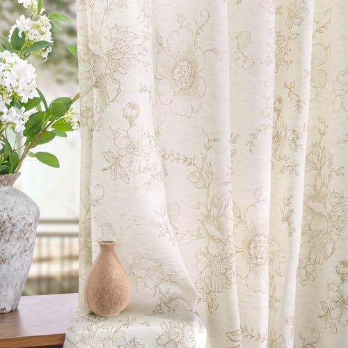 LAMIT Floral Vintage Linen Curtains 84 Inch Long for Living Room 2 Panels - color: Beige, size: 52"W x 84"L (Pack of 2)