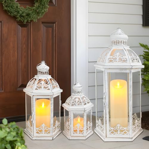 TRIROCKS Large Set of 3 Decorative Lanterns 19''&13.5''&9.5" H Vintage Hanging Lantern Metal Candle Lanterns with Tempered Glass for Indoor Outdoor Home Decor Parties Garden(White with Grey Brush) - color: 19''&13.5''&9.5" H White